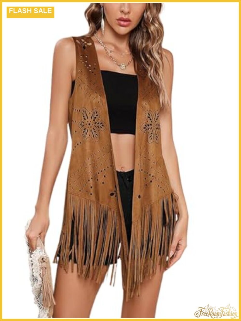 Vintage Fringe Vest Tassel Hippie Cowgirl Open Front Sleeveless Faux Suede